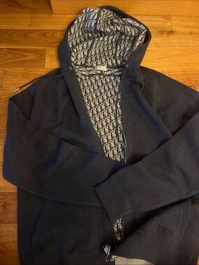 Dior Dark Navy Hooded Zip-Up Sweater with Monogram Lining